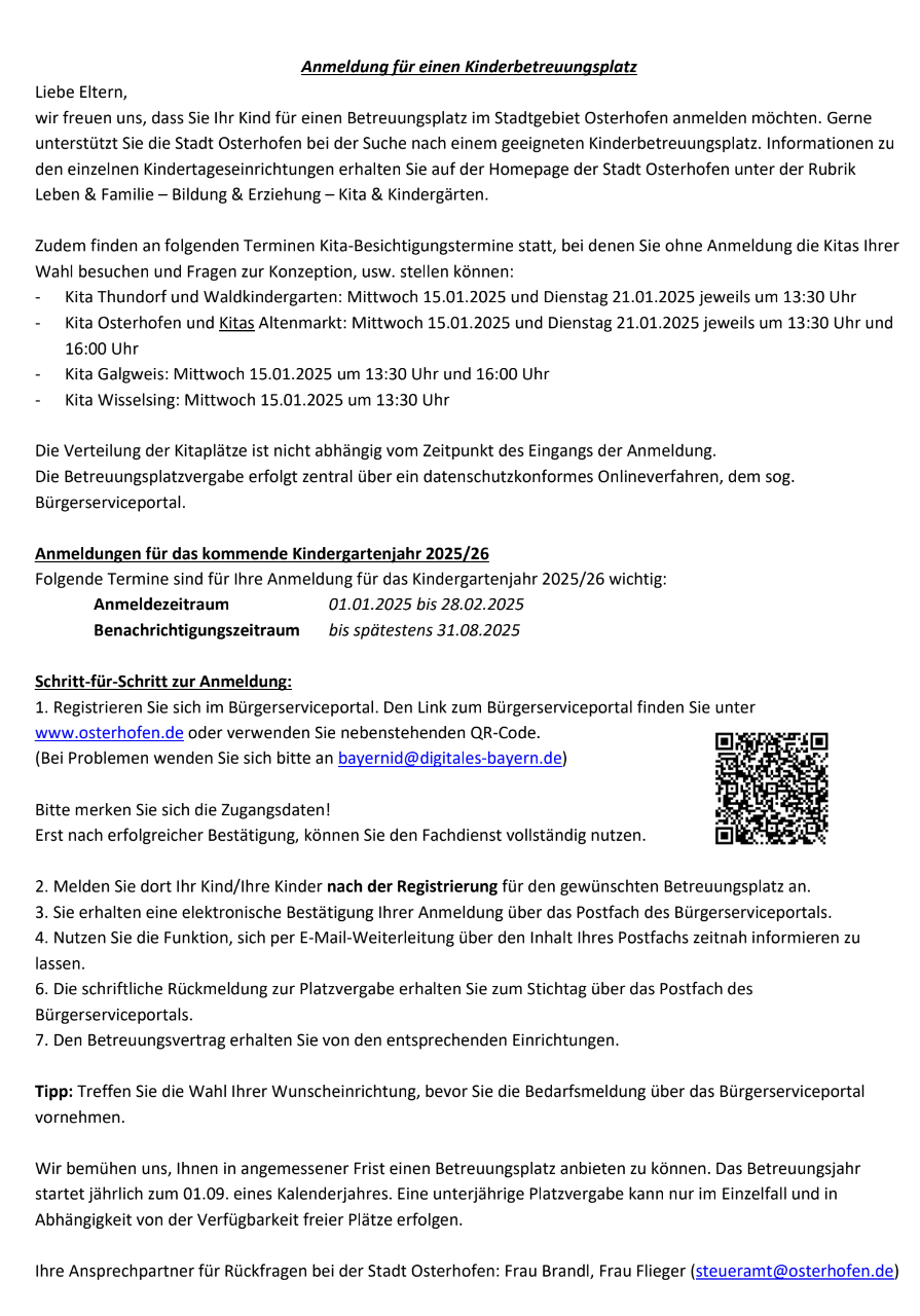 Informationsblatt der Stadt Osterhofen: Anmeldung für einen Kinderbetreuungsplatz im Kindergartenjahr 2025/26