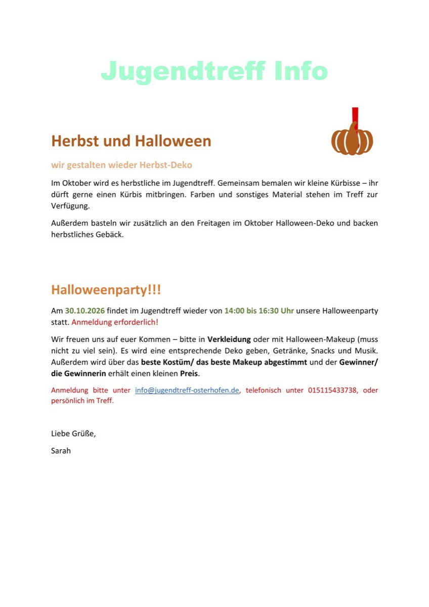 Jugendtreff Info: Herbst und Halloween